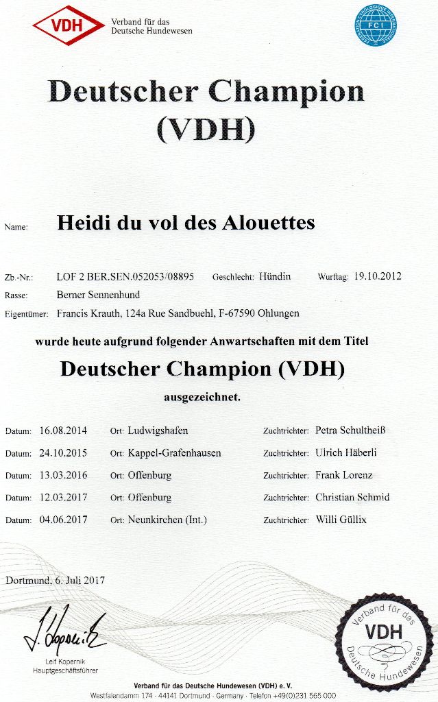 Du vol  des alouettes - Heidi est Champion d'Allemagne (VDH)